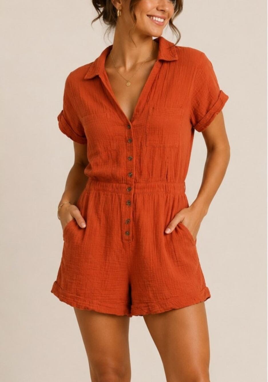Abercrombie Cotton Gauze Romper Playsuit Womens S Orange Utility Fall Granola